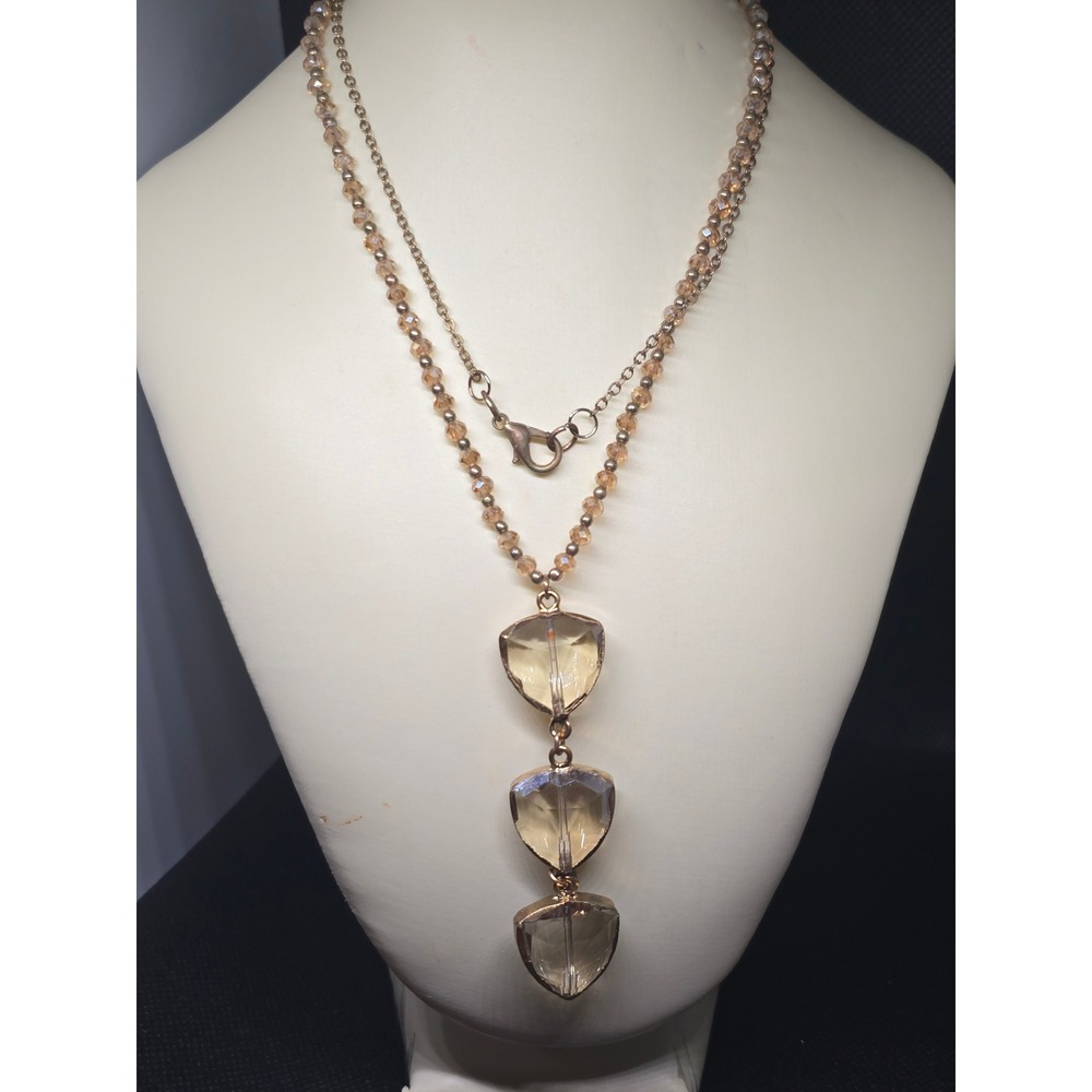 Vintage Estate Aquired Champagne Crystal Triple Drop Necklace Chain Gold Tone